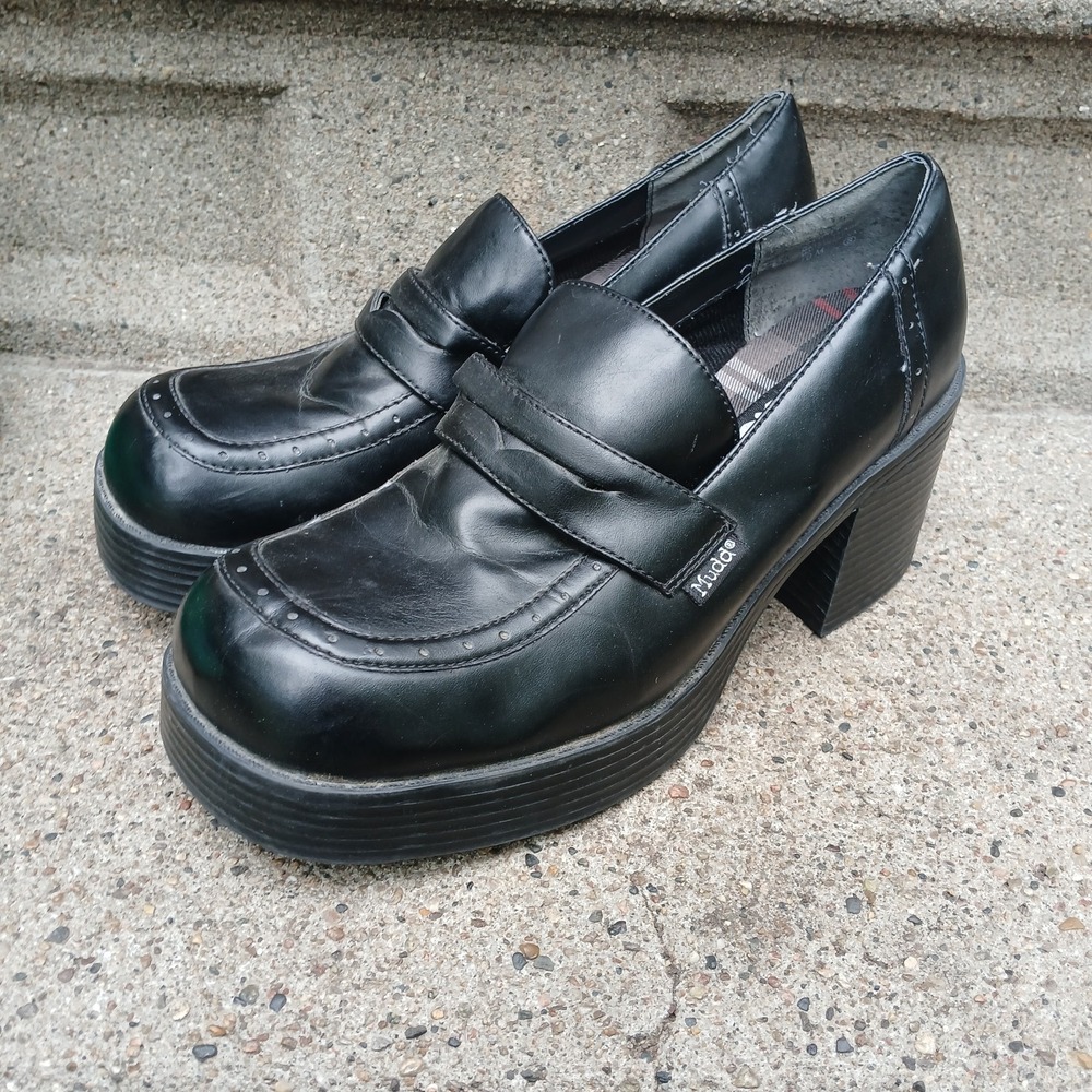 90's Vintage Mudd Y2K Black Chunky Block 3" Heel Platform Loafer Shoes Size 10 - Picture 4 of 11
